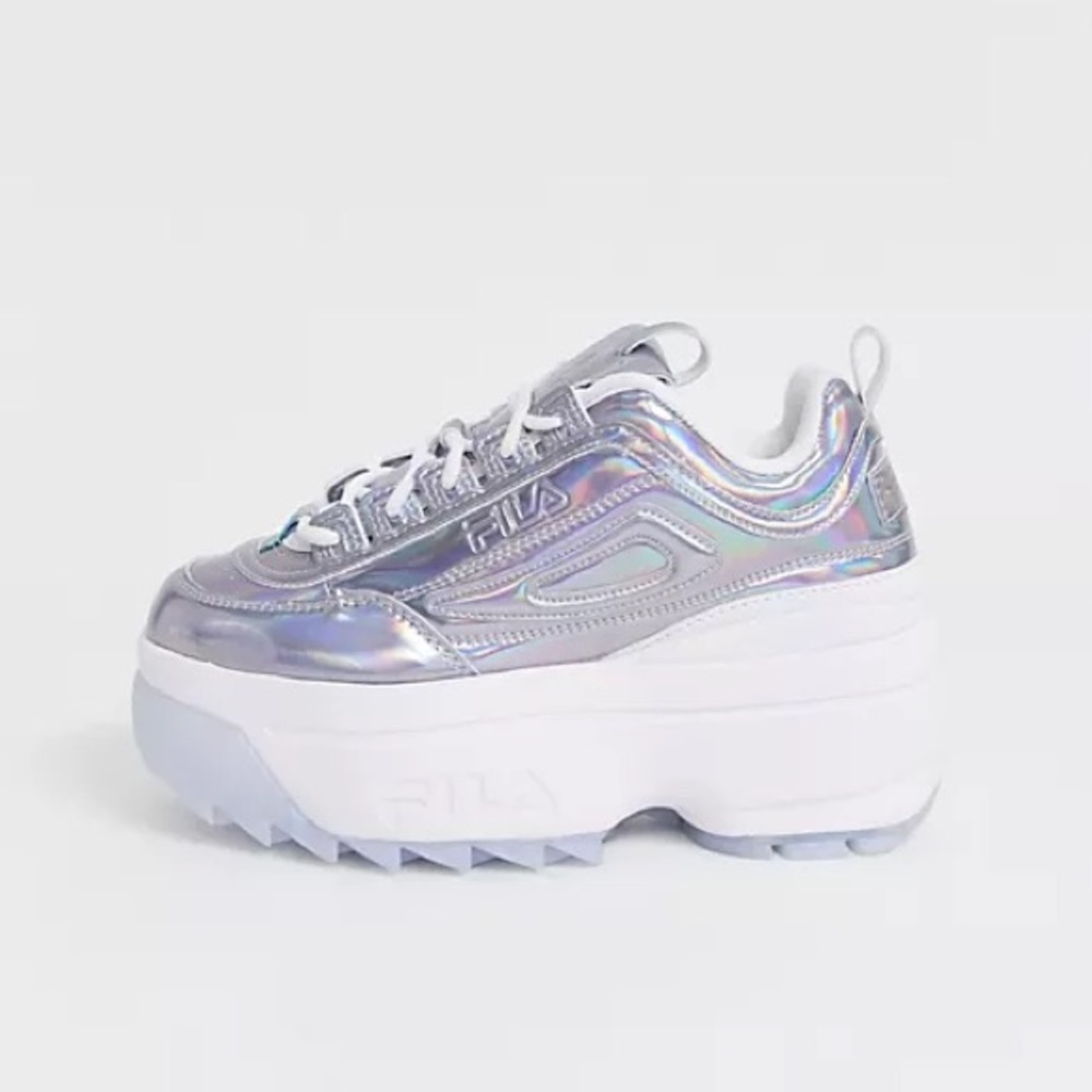Fila disrupter iridescent wedge sneaker in silver